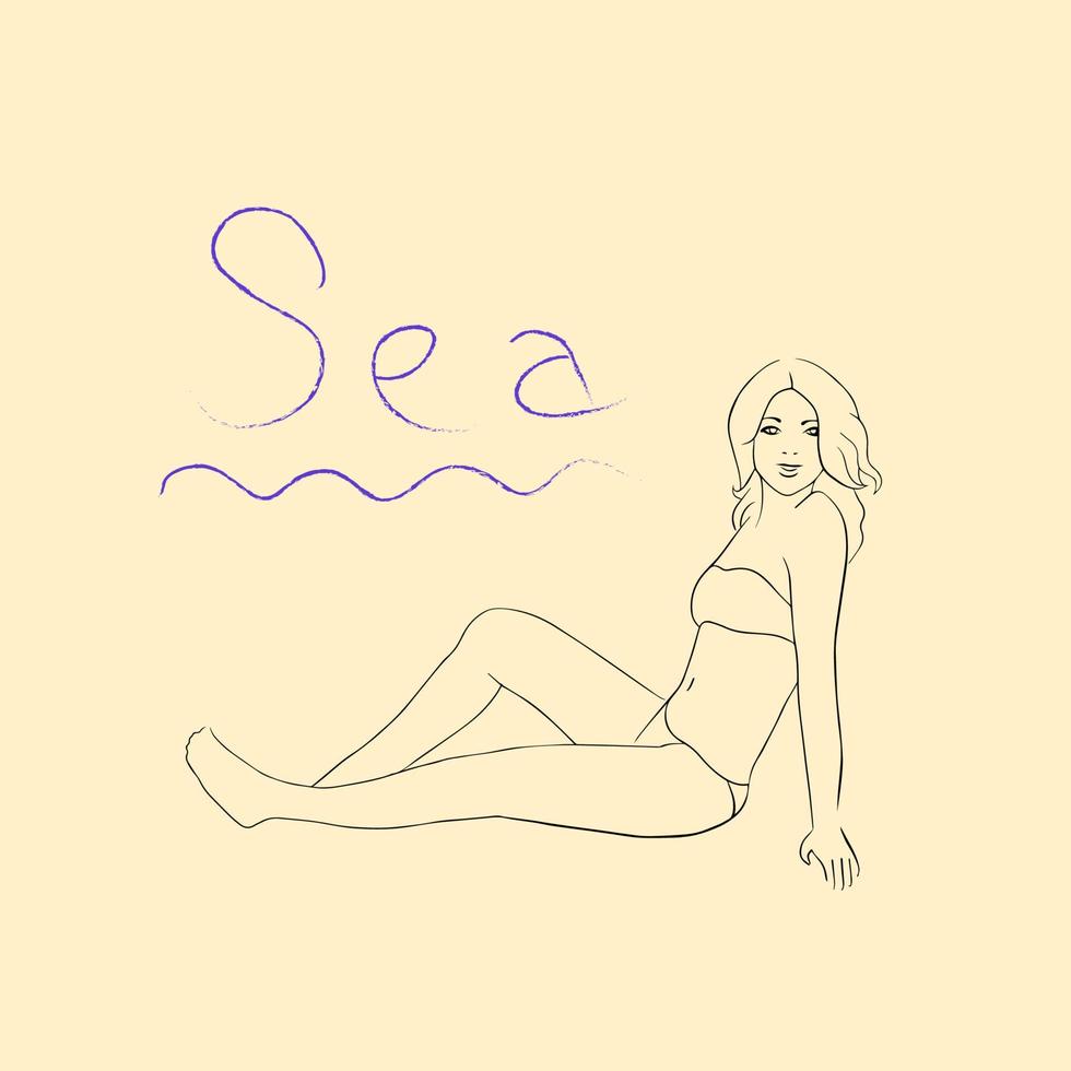 Continuous line drawing. Beautiful woman lying on the beach. Vector illustration.