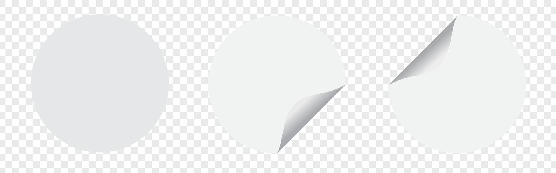 Set white round paper adhesive stickers mockup with curved corner and shadow. White round sticker on Transparent background vector