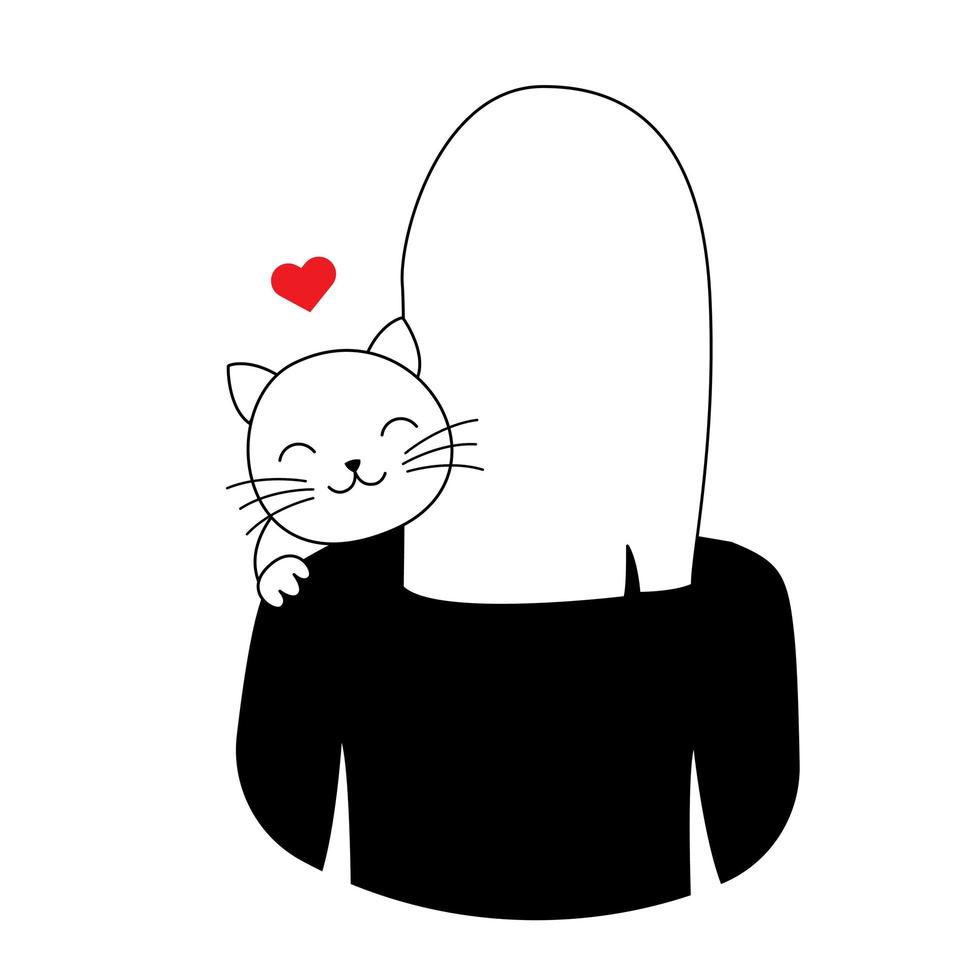 Young modern girl hugs cat. Vector illustrations in trendy flat monochrome style