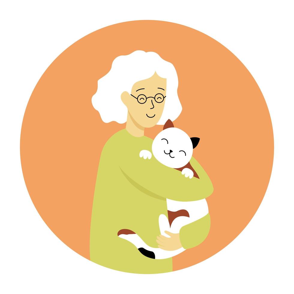 abuela abraza a un gato, ilustración vectorial de estilo plano. anciana y su mascota animal vector