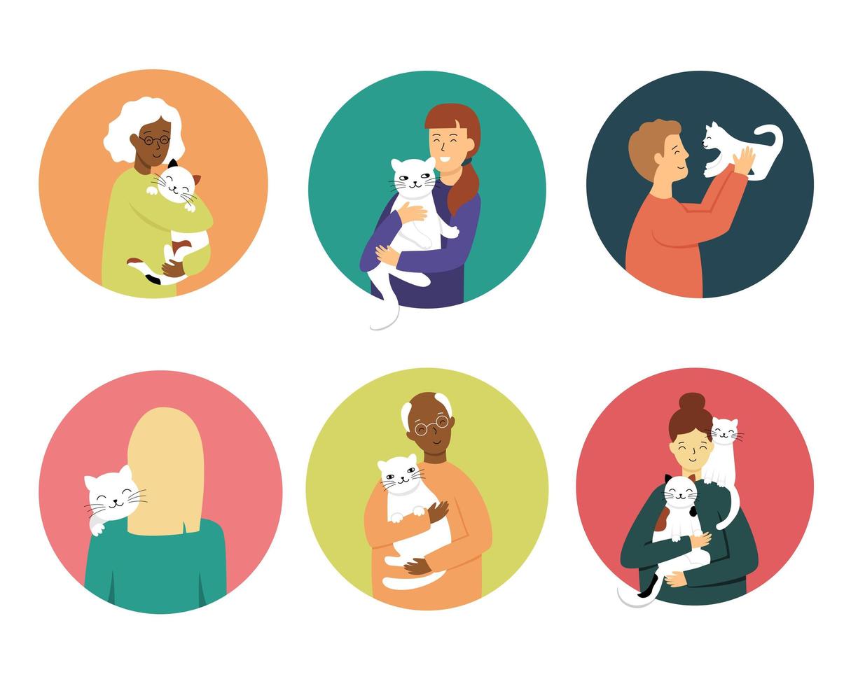 Pet owners hug cats, young and old people of different nationalities. Set of vector illustrations in flat style