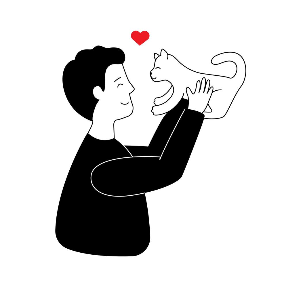 Young modern man hugs cat. Vector illustrations in trendy flat monochrome style