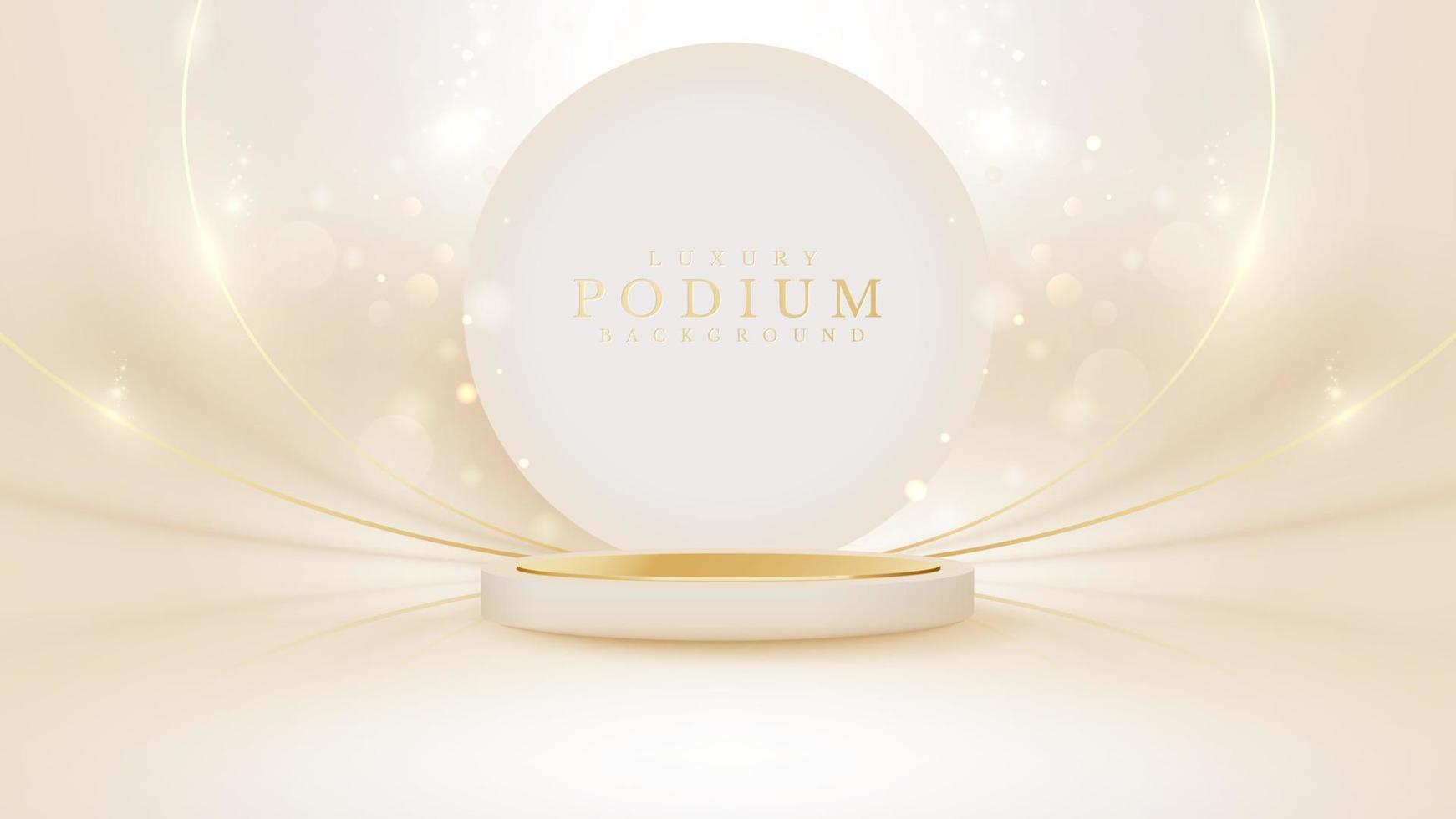 Cream color podium with circle frame elements on back and golden lines with glitter light effect, Luxury banner background design. vector