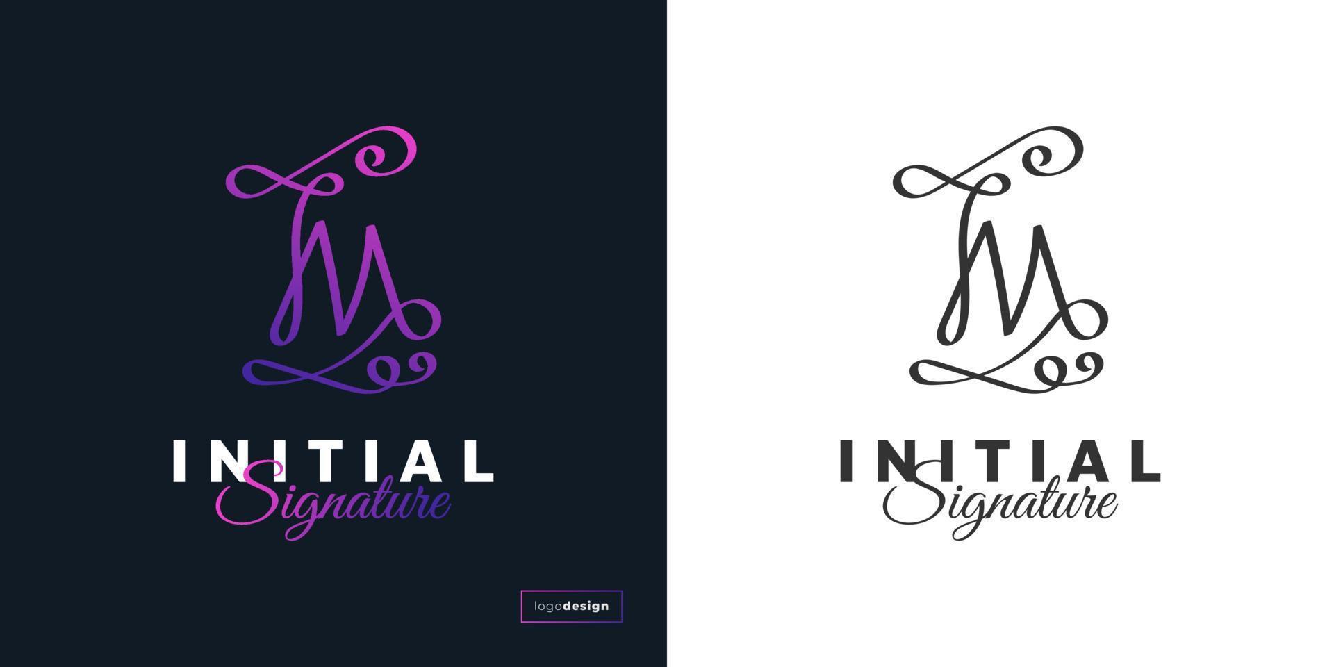 Diseño de logotipo de letra m abstracto y elegante con estilo de escritura a mano en degradado púrpura. m logo o símbolo de la firma de identidad empresarial vector