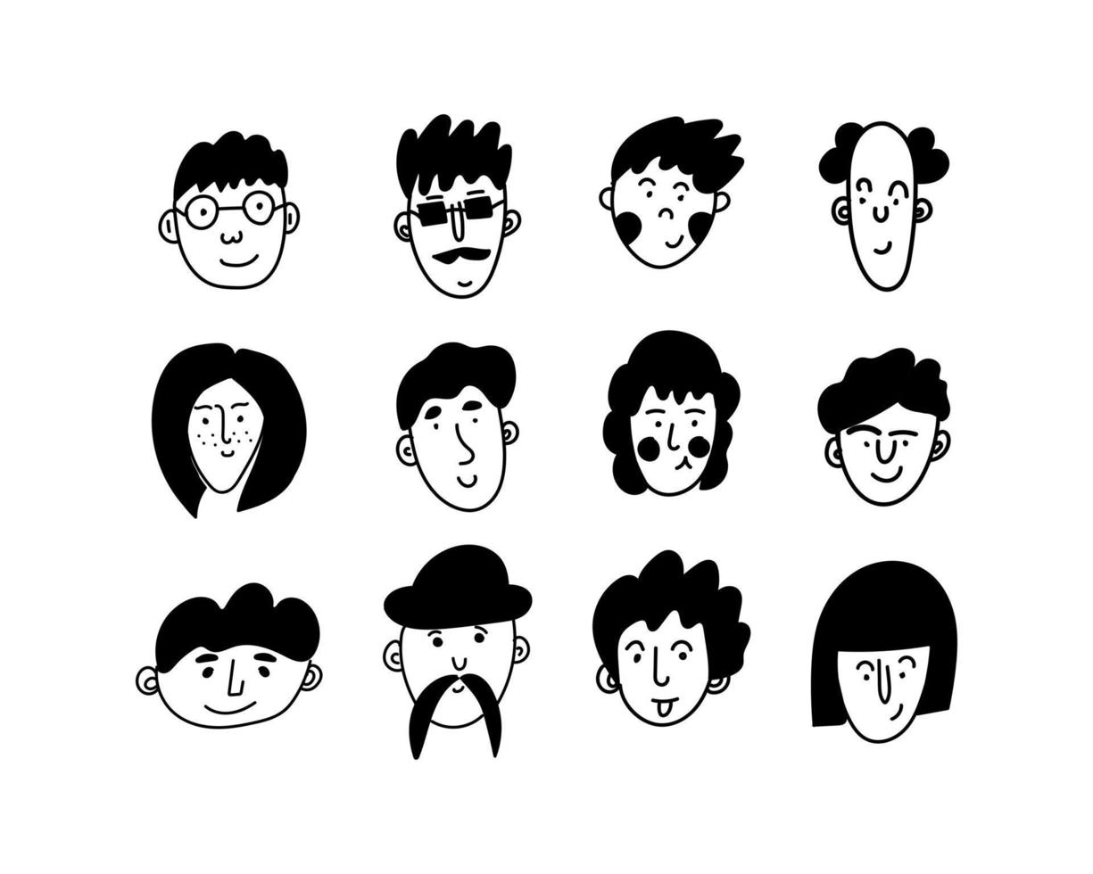 Set of people avatars in doodle style. 12 portraits of boys, men, girls, women, transgender people. Different ages. Vector illustration, hand drawn