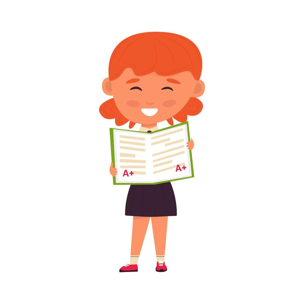 colegiala alegre. estudiante con cuaderno en sus manos. niño en uniforme escolar. la imagen aislada sobre fondo blanco. personaje animado. ilustración vectorial, plano vector