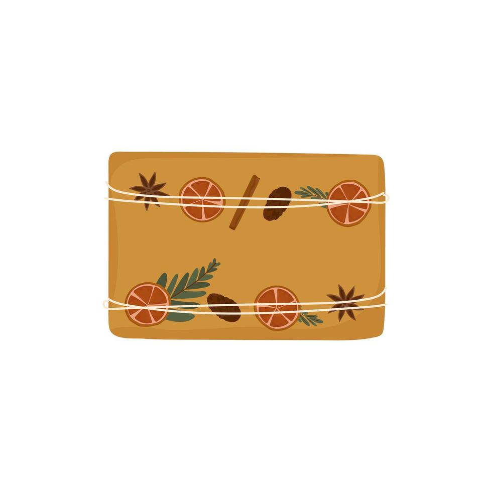 regalo de navidad en embalaje artesanal. decorado con materiales naturales. naranja seca, canela, anís, ramitas de eucalipto. lindo clip art en estilo doodle. vector