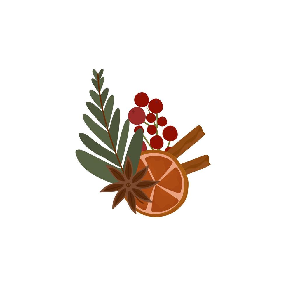 mini ramo de navidad clip art. Especias tradicionales aromáticas para vino caliente y hojas de eucalipto. elementos estilizados. ilustración vectorial, dibujado a mano vector