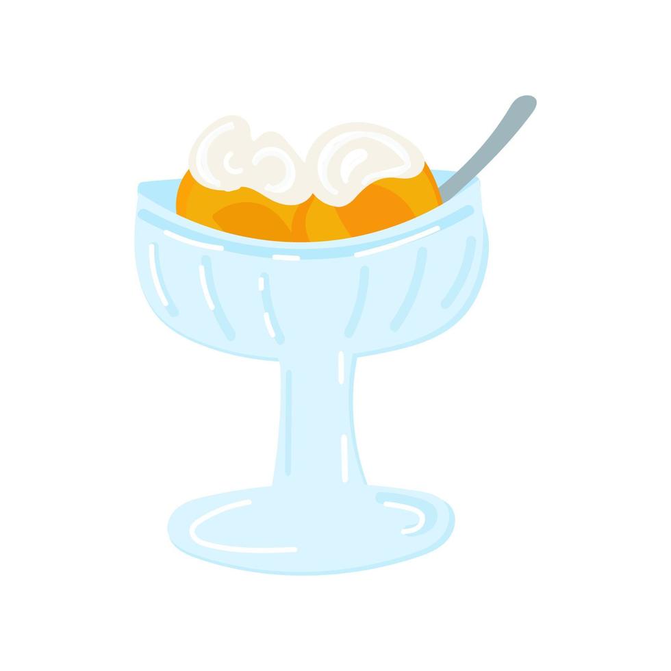 peach dessert in bowl. Apricot or mango or orange halves in glass serving vase. Covered with ice cream or whipped cream. Versatile design. Vector illustration, doodle