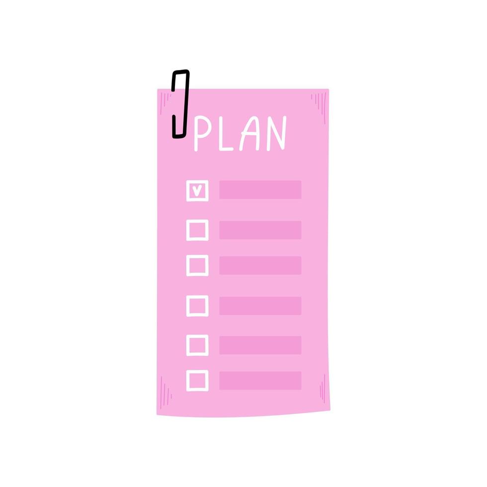 Plan. empty list for notes. Sheet for recording goals for year. Mark with a tick. Paperclip on paper. Vector illustration, hand-drawn