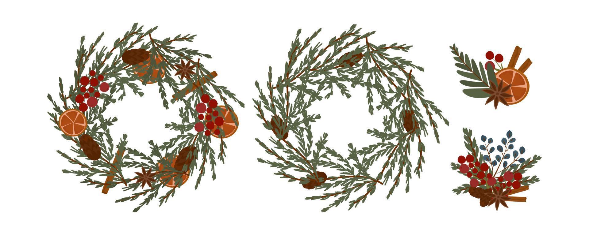 Crafted gifts and Christmas wreaths. Fashionable design for environmentally friendly packaging. Decor made from natural materials. Linen, paper, bouquets of branches. Vector hand-drawn illustration