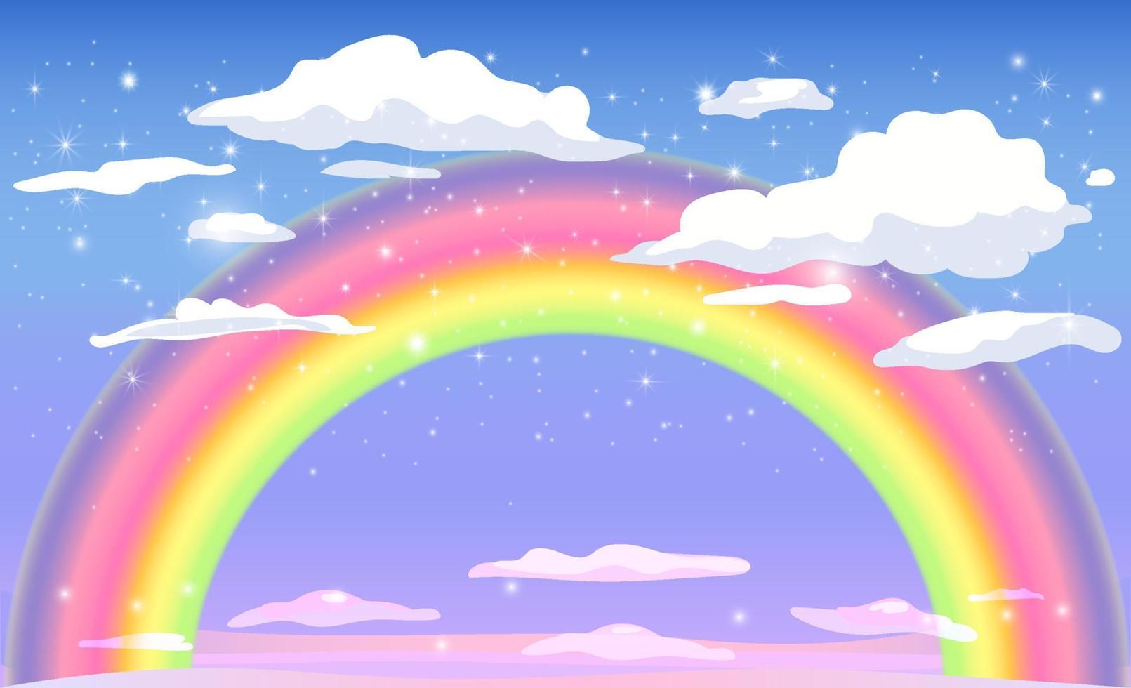 Fantasy background of blue magic sky with rainbow, clouds and sparkling stars. vector