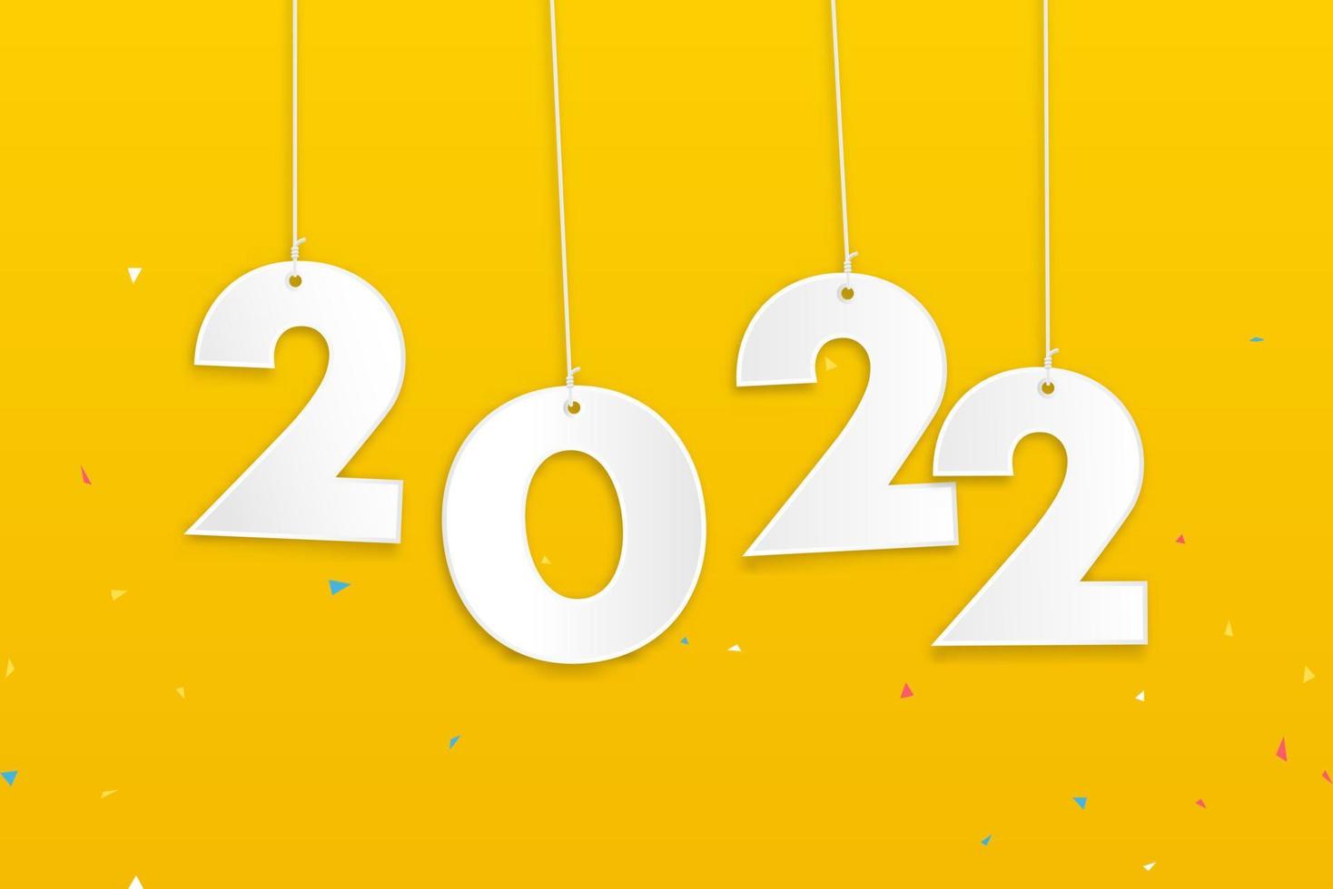 Numbers 2022 hanging on the ropes on colorful yellow background with confetti for new year concept vector