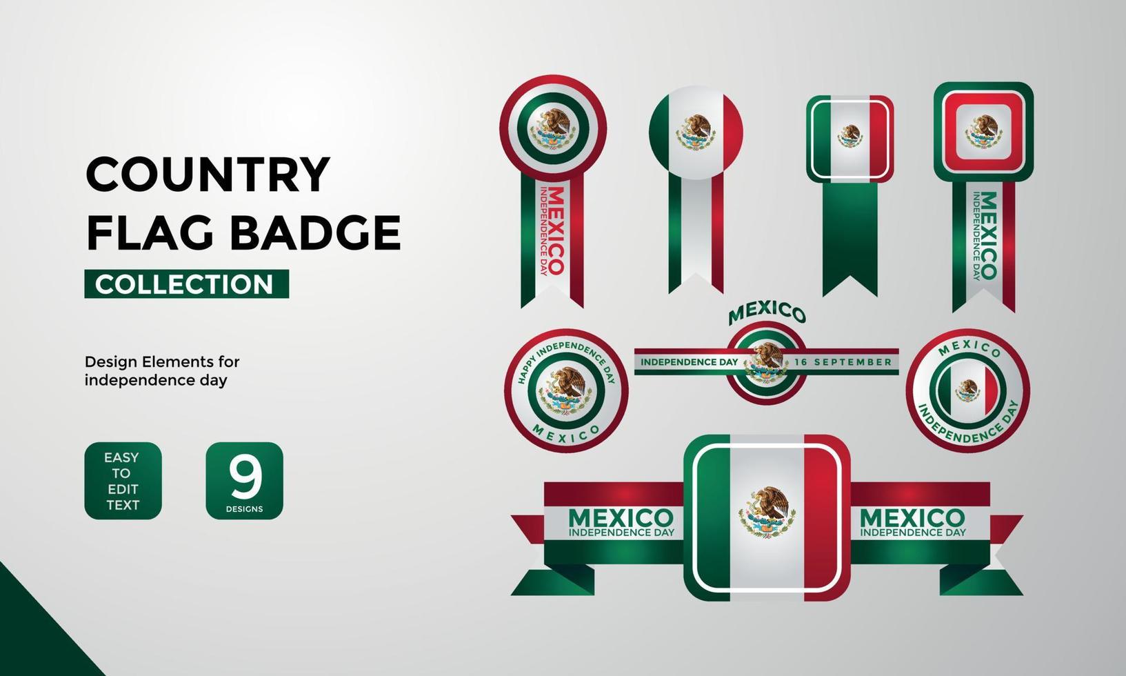 mexico country flag badge collection, independence day greetings vector