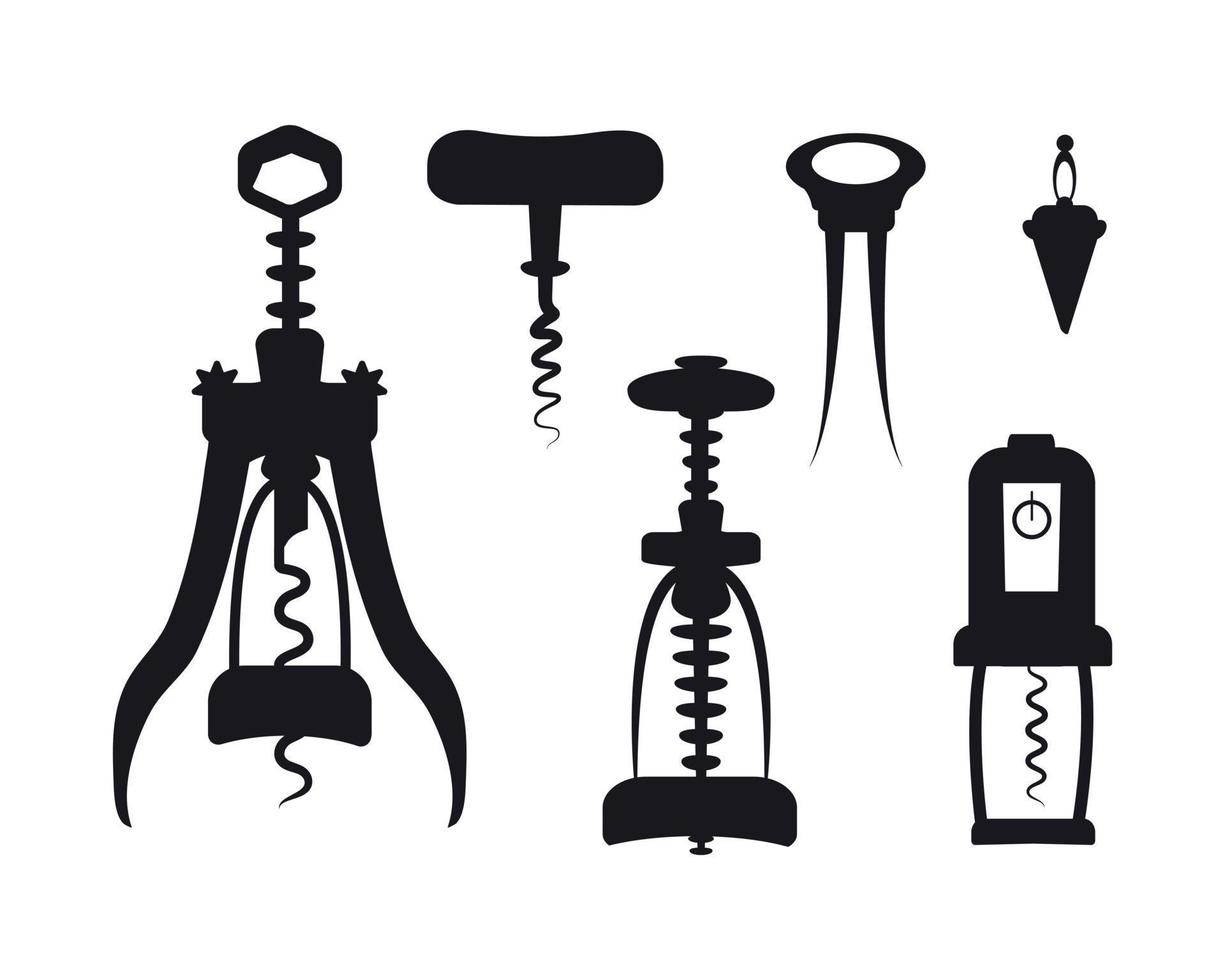 corkscrews set. 5 items to open wine bottles. Stopper for vino, champagne, olive oil. Black and white silhouette. Vector illustration. Icon for web design