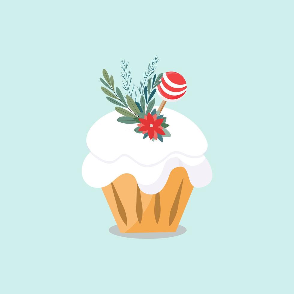 Isolated image of a Christmas muffin. The pastry is decorated with white frosting, candy, red flower and small Christmas tree branches. Vector illustration