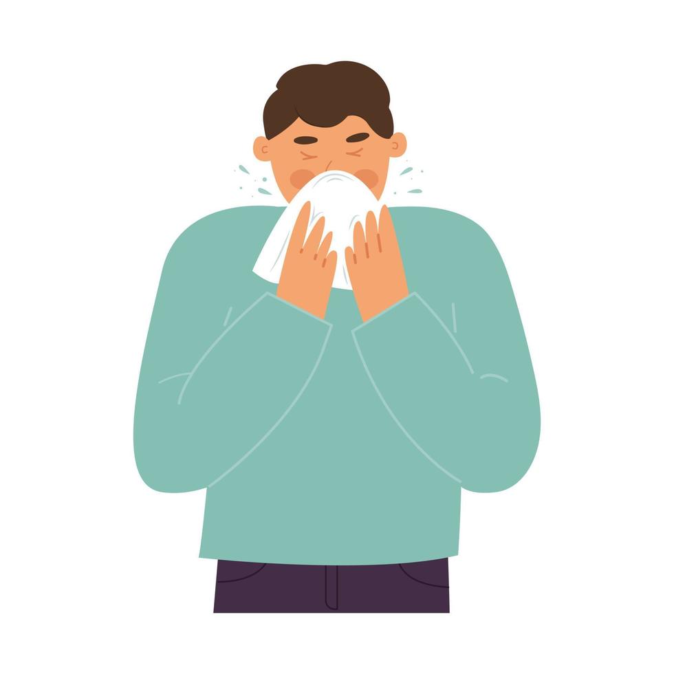 sick man sneezes into a handkerchief. Advertising of medicines. Fever, colds and viral diseases, coronavirus, covid concept. Vector illustration, flat