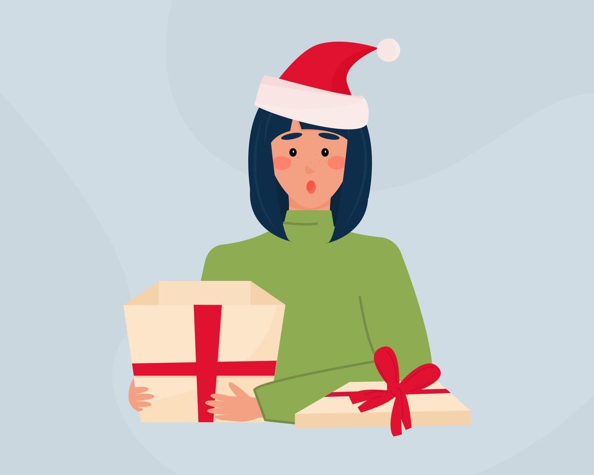 chica sorprendida con un regalo. sombrero de santa en la cabeza. sorprendido por el contenido de la caja. una sorpresa inapropiada o inesperada. ilustración vectorial, plano vector