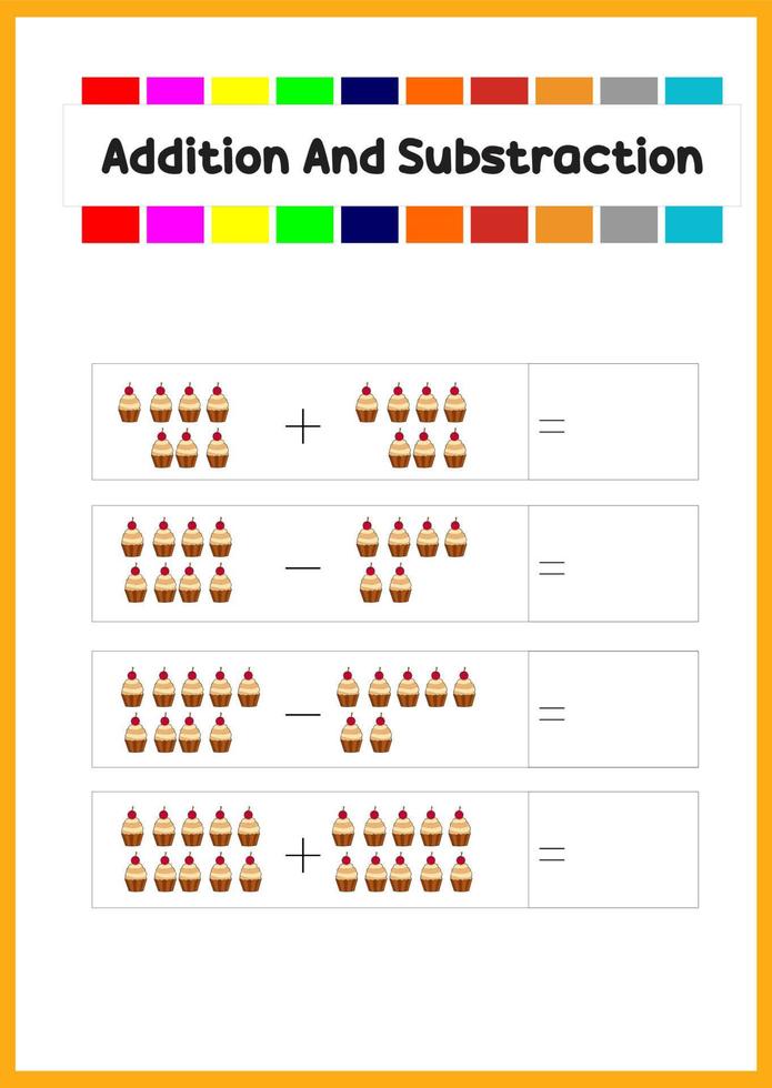 learning addition and subs traction for kids. learn how to count the object. vector