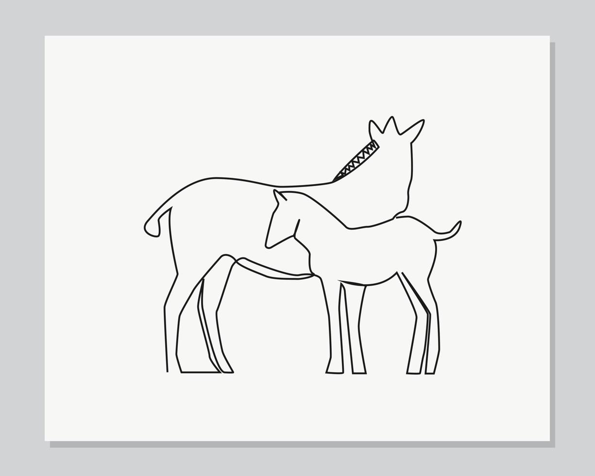 horse with young babe pup continuous one line illustration vector