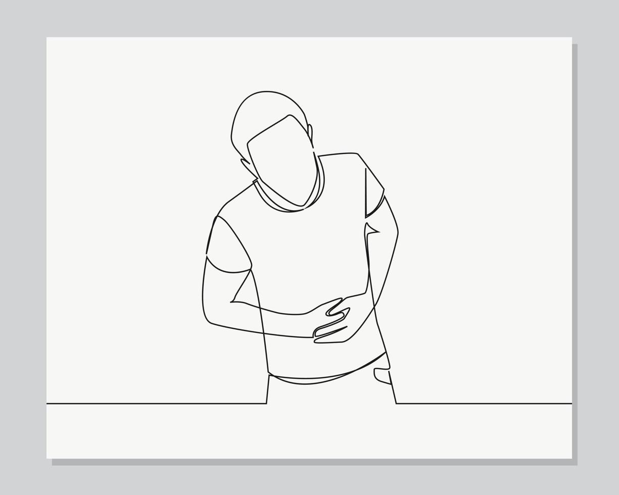 man with painful feelings holding belly continuous one line illustration vector