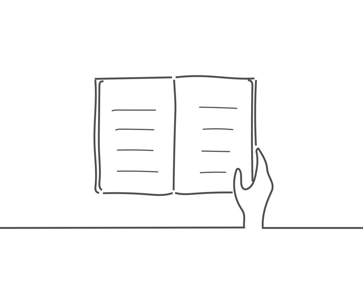hand holding book line drawing or continuous one line illustration vector