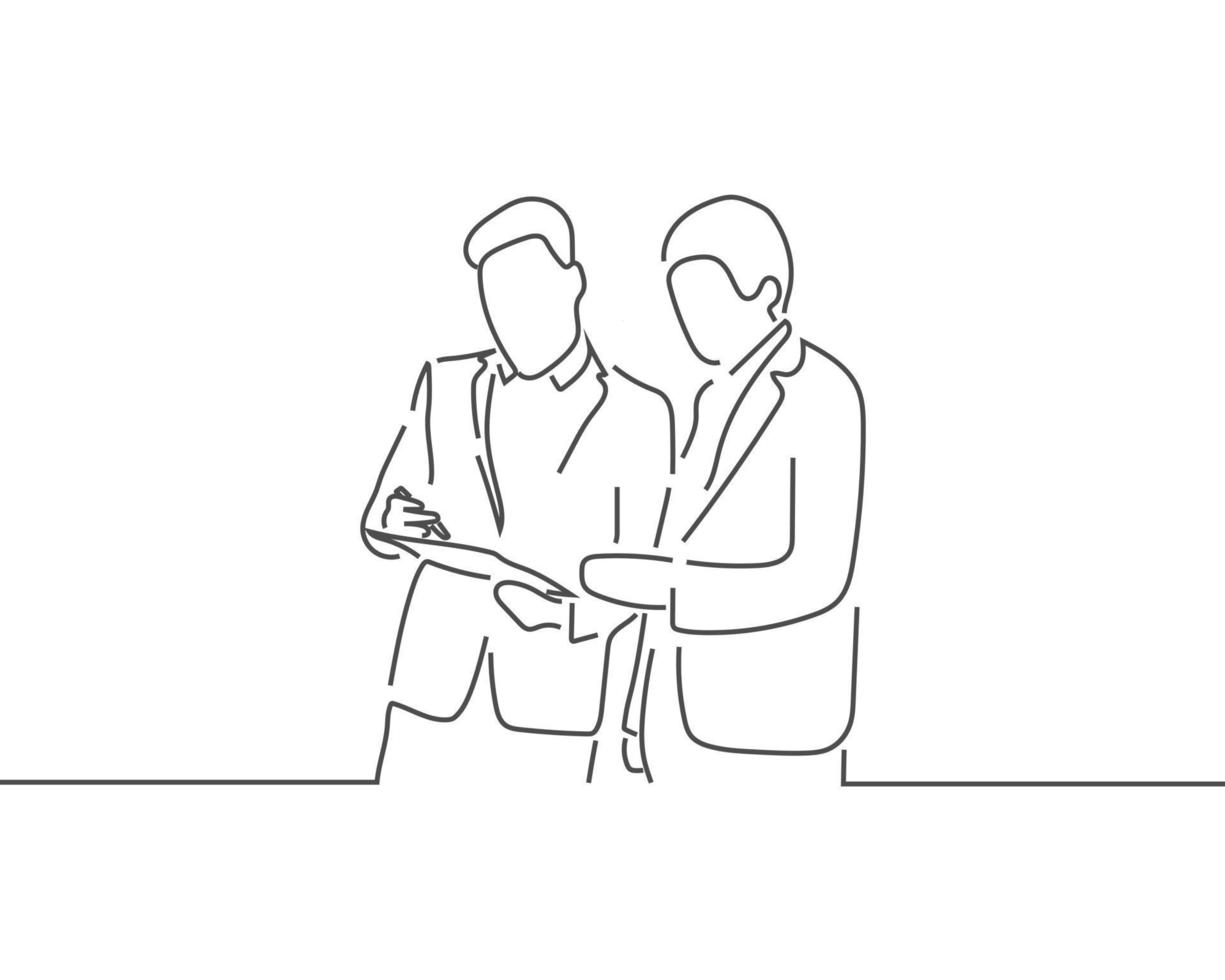 businessmen talking to each other line drawing or continuous one line illustration vector