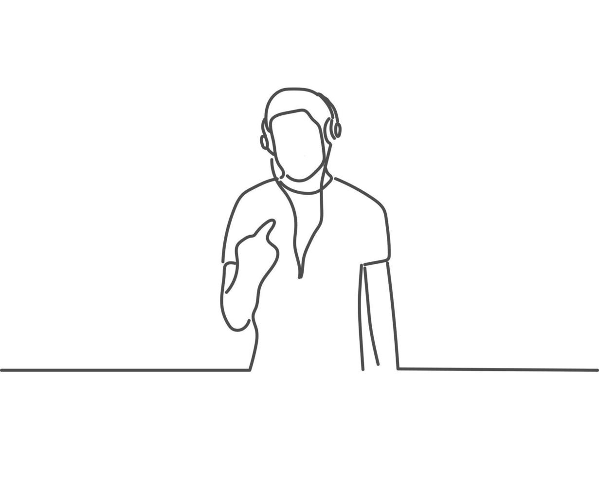 Hombre escuchando música con auriculares dibujo lineal o ilustración continua de una línea vector