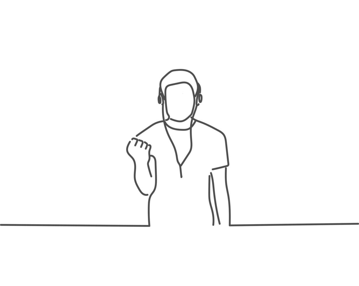 man listening to music with headphones line drawing or continuous one line illustration vector