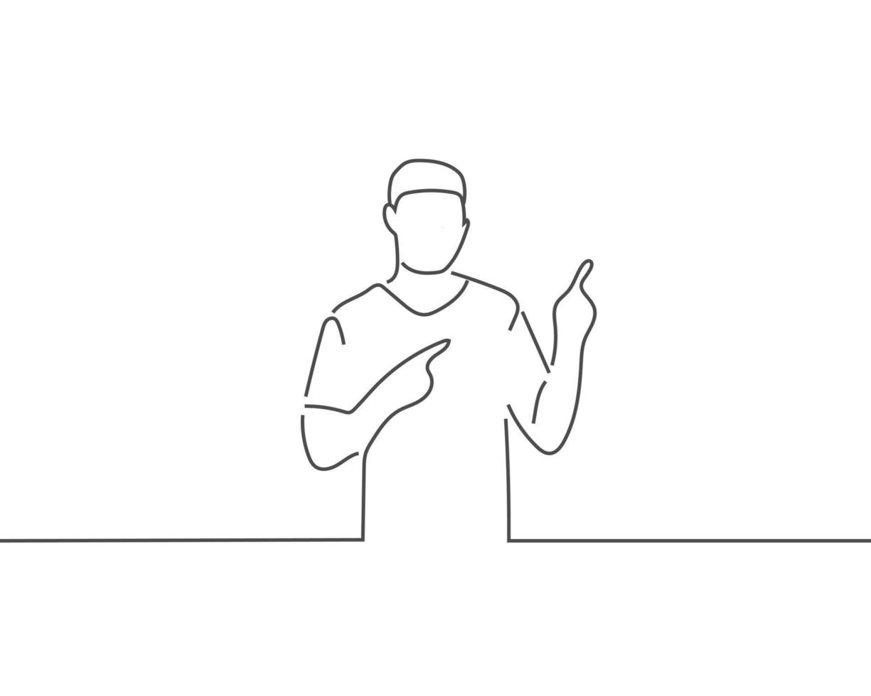 man pointing fingers at upper right corner line drawing or continuous one line illustration vector