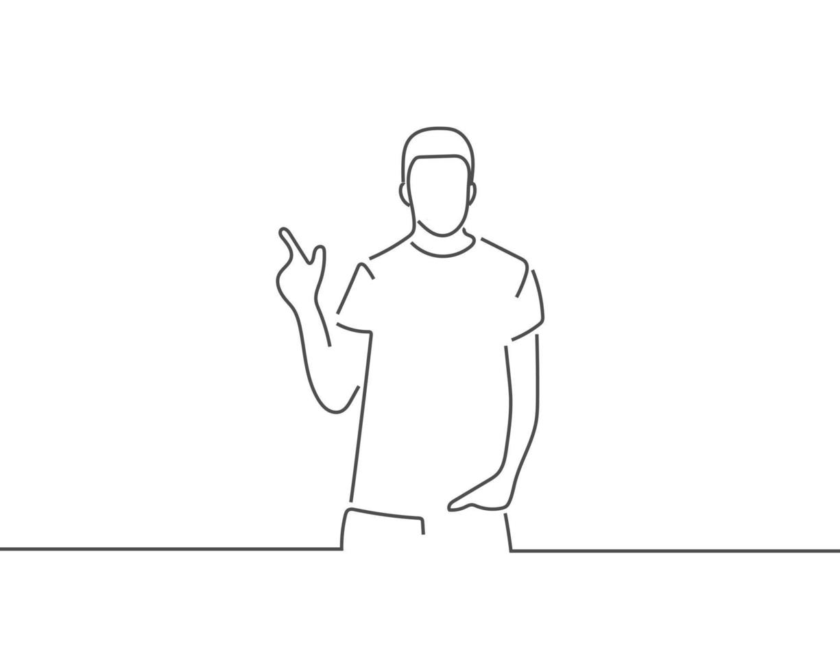 man pointing up at copy space line drawing or continuous one line illustration vector