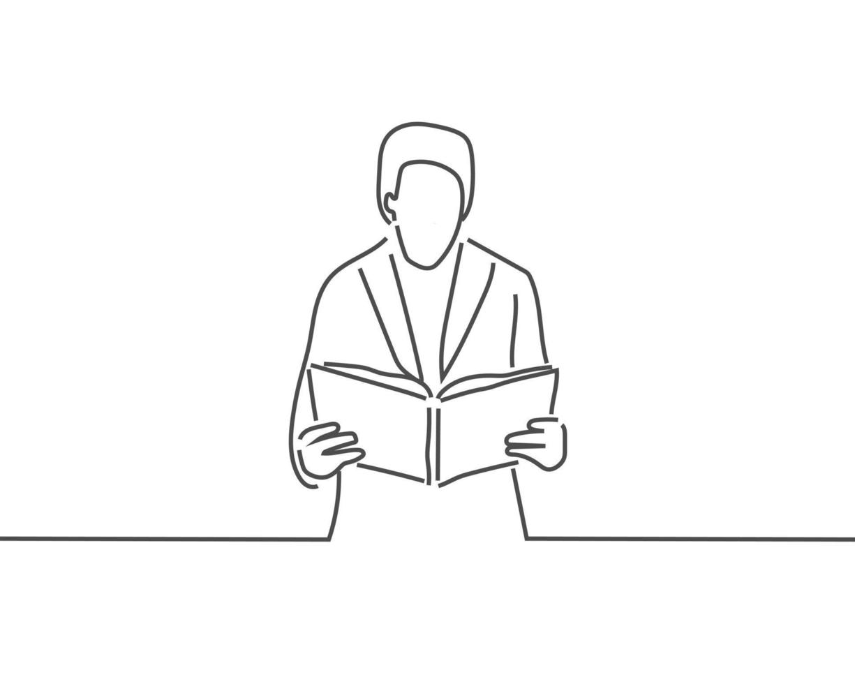 man reading a book line drawing or continuous one line illustration vector
