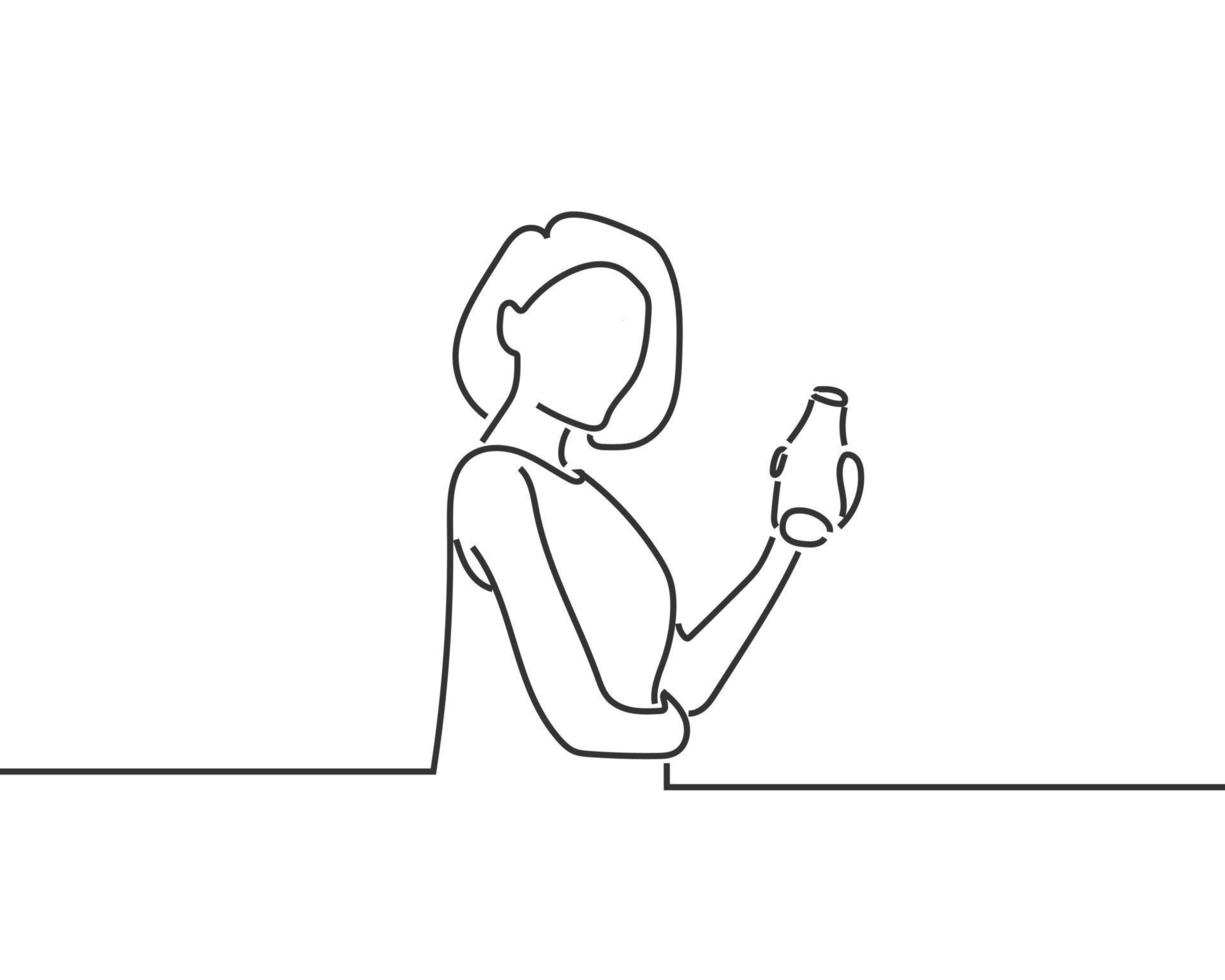 woman holding an orange juice line drawing or continuous one line illustration vector