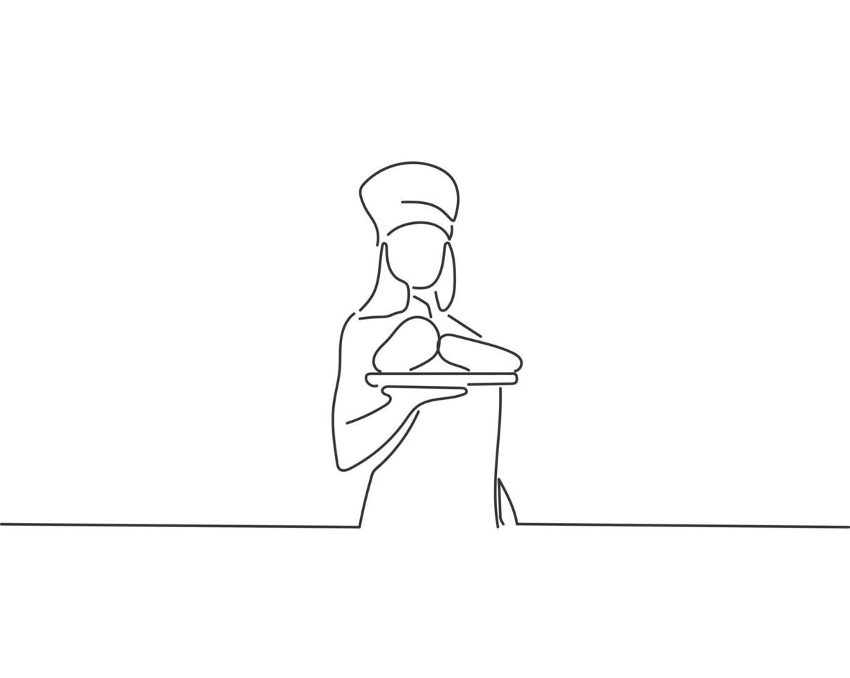 women baker holding a table with several breads line drawing or continuous one line illustration vector