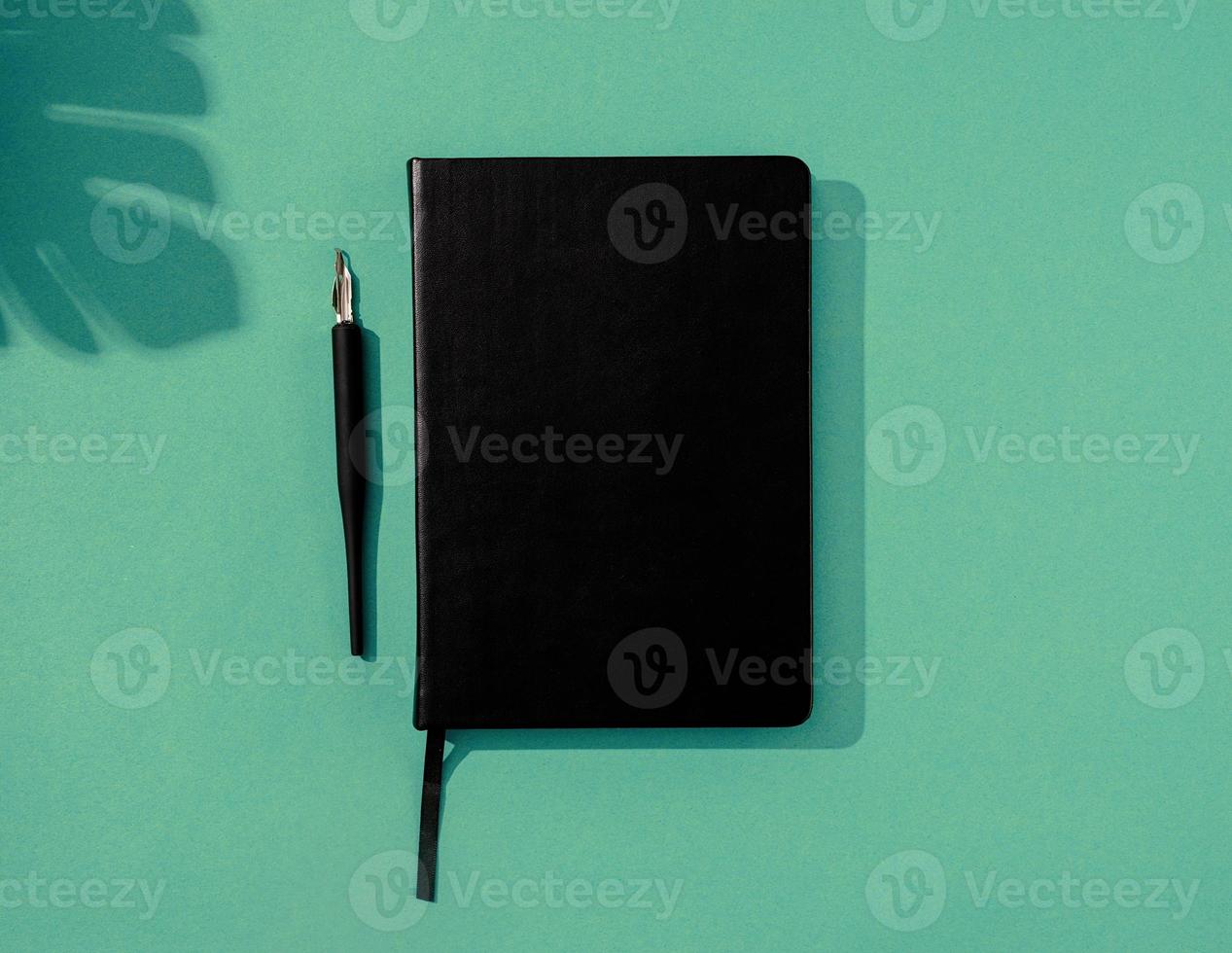 Minimal style black notebook and pens top view on green background, palm tree shadow overlay photo