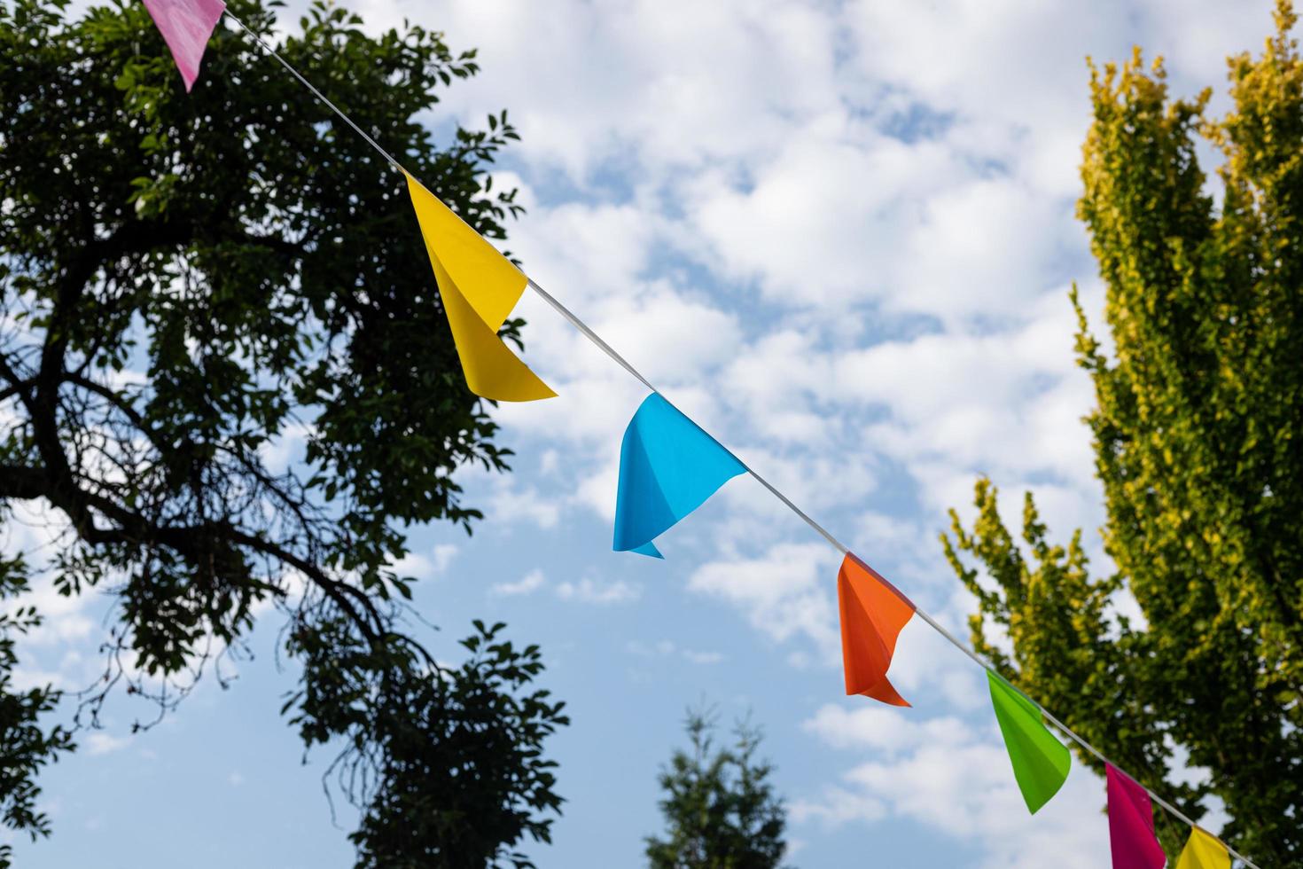 Banderas para una fiesta en el jardín que cuelgan entre los árboles. foto