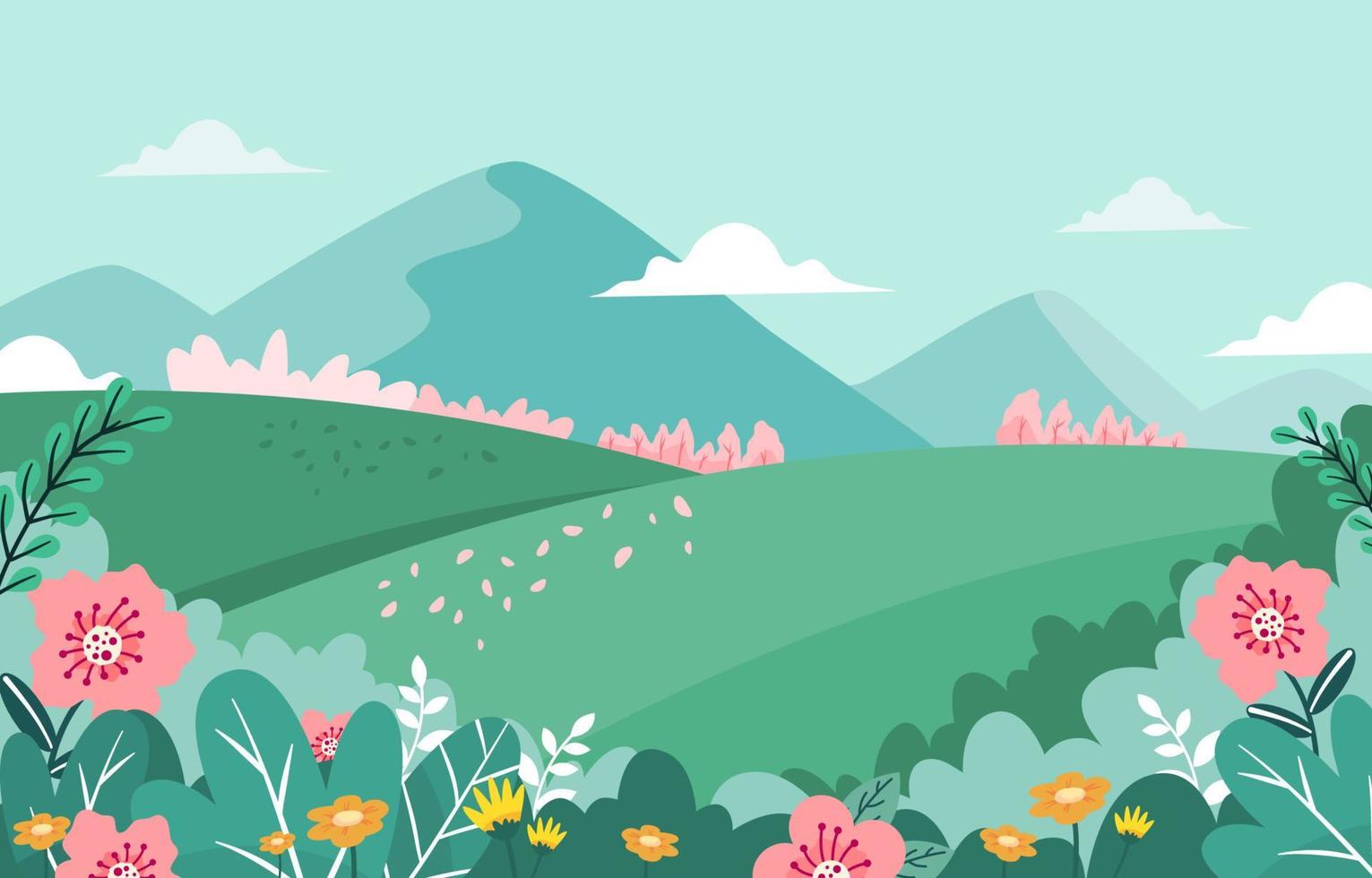 Fondo de paisaje primaveral con campo y montaña. vector