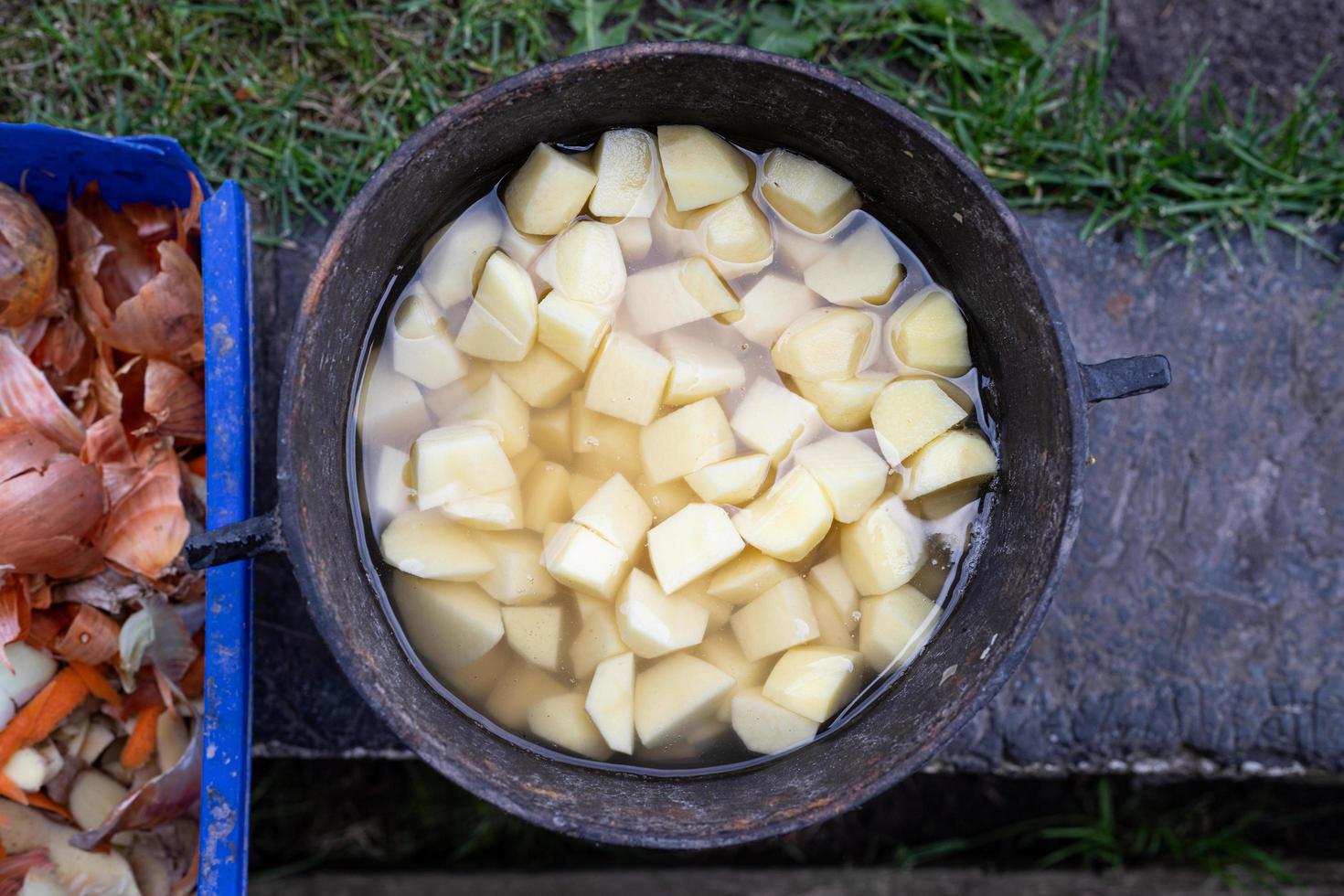 Peeled potatoes in a cast iron pot. Preparation of baked potatoes. Traditional Polish dish. Top view. photo