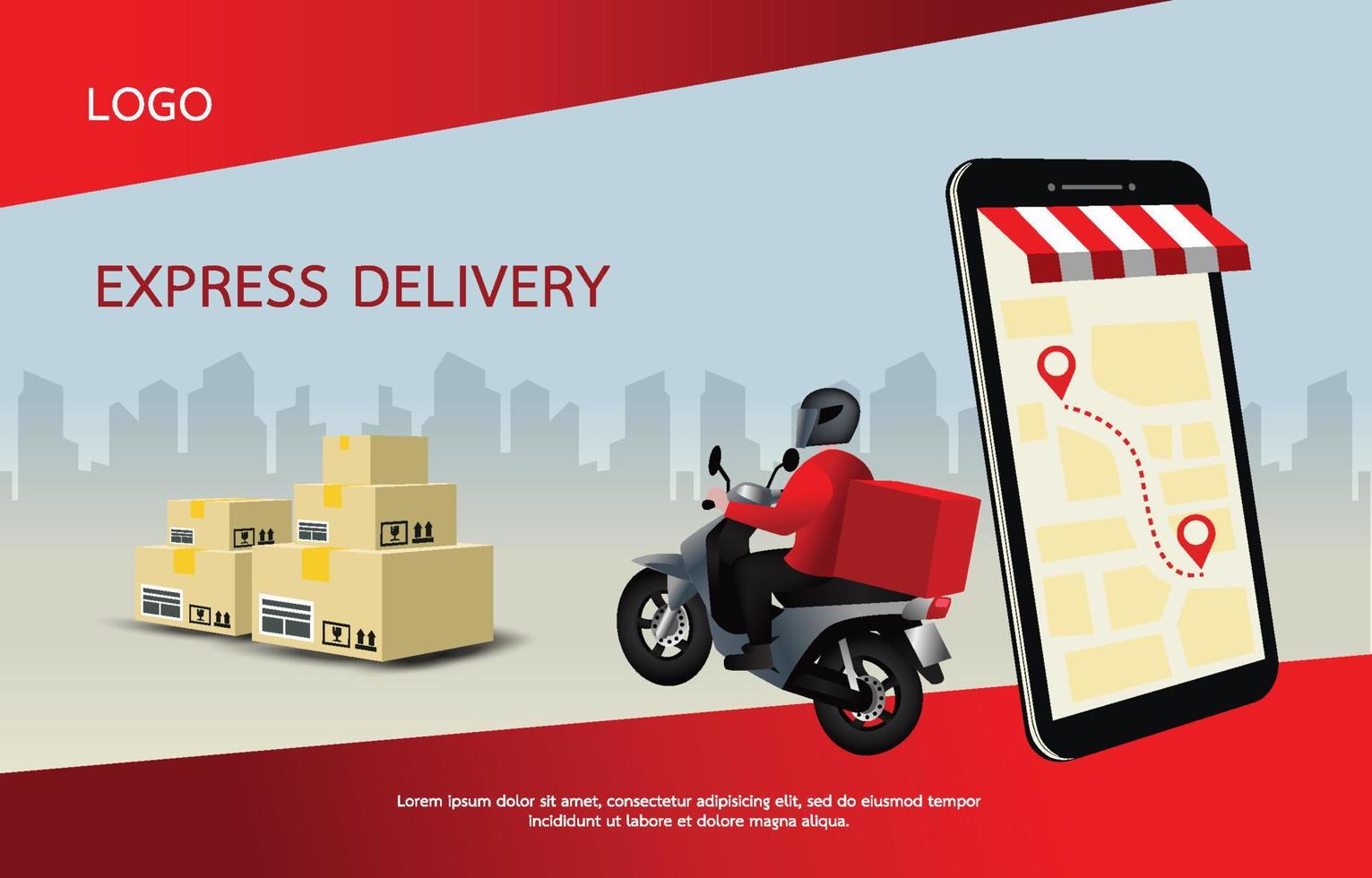 Fast delivery man with motorcycles. Customers ordering on mobile application,The motorcyclist goes according to the GPS map,The background is a cityscape. Illustration vector design for banner.