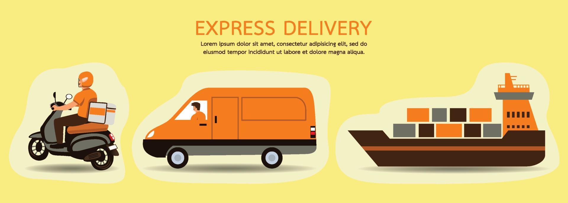 Illustration Vector Land or ground shipping. Carrier delivery service has motorcycle, van, and Cargo ship. Yellow or Orange tones. Design for banner, website, decorations, app, advertising, parcel.