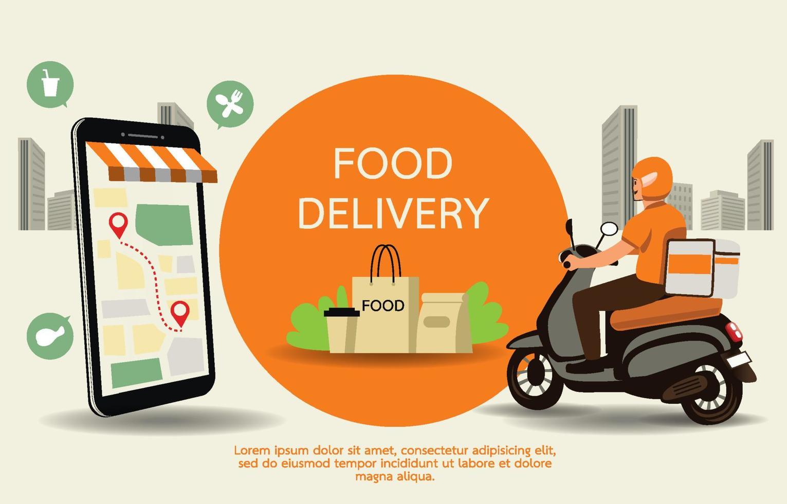 Food delivery man with motorcycles. Customers ordering on the mobile application, The motorcyclist goes according to the GPS map. Decorated with smartphone, scooters, food bags, paper coffee mugs. vector