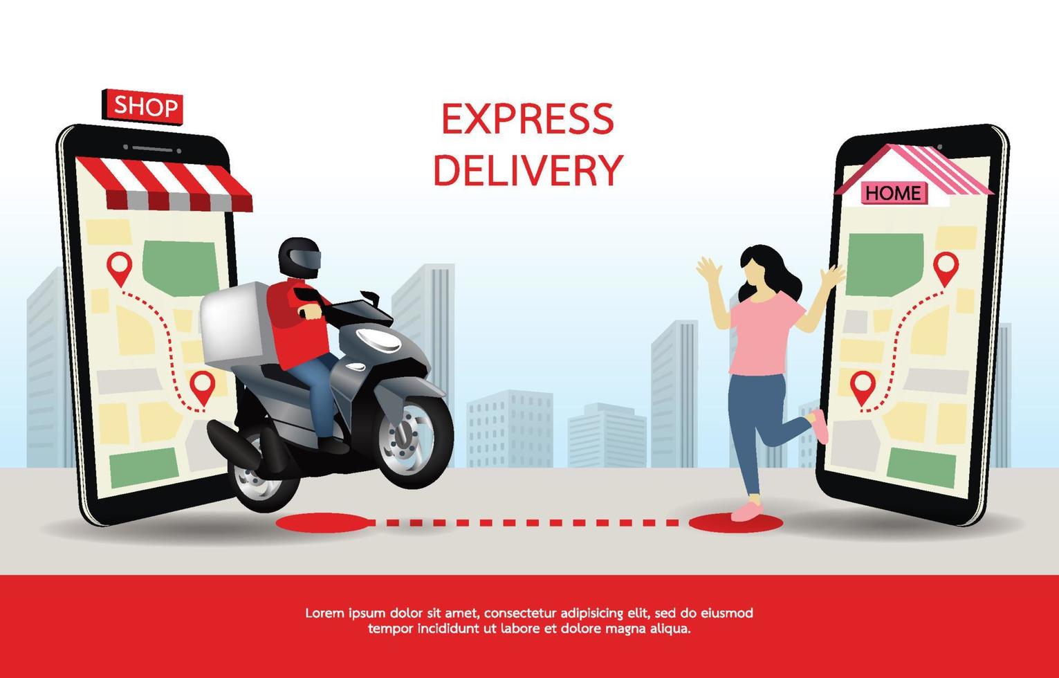 Happy woman waiting to receive the package from the delivery man. Mobile phone showing parcel status and location. Fast motorbike driver to deliver on time. Design for banner, illustration, website. vector