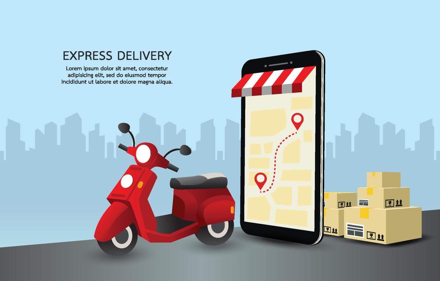 Mobile display GPS for parcel delivery. The smartphone is decorated like a shop with a red motorbike and a box near it.copy space on sky and cityscape. Design for banner, illustration, website, app. vector