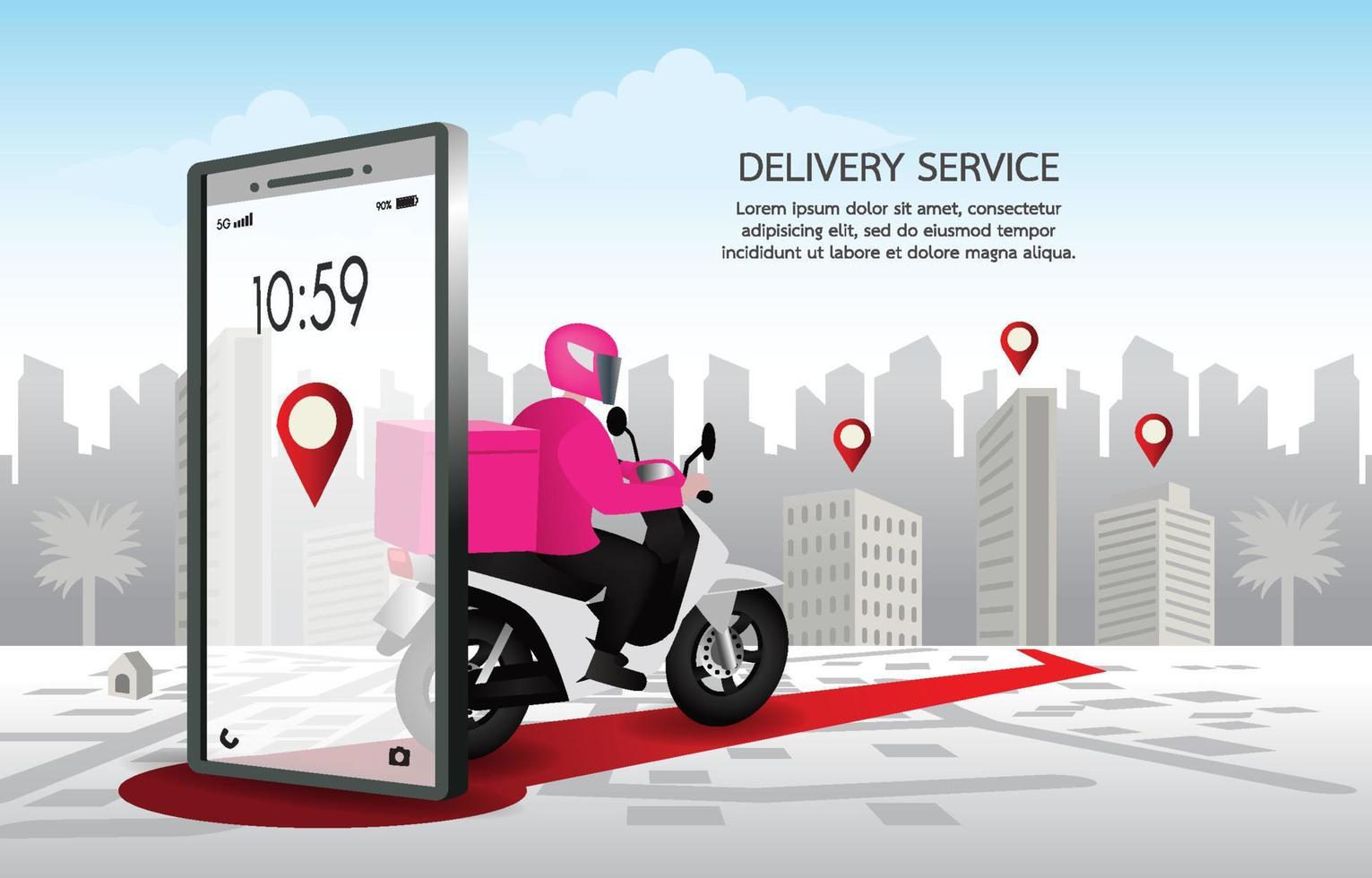 Fast delivery man with motorcycles. Customers ordering on mobile application,The motorcyclist goes according to the GPS map,The background is landscape city. Illustration vector design for banner.