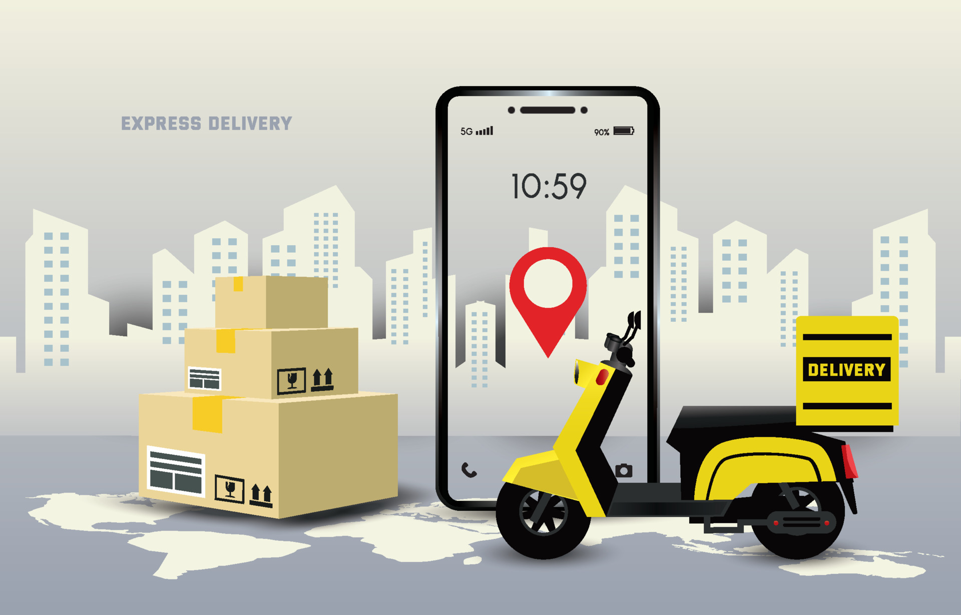 Delivery package by Motorcycle on a mobile phone. The location pinpoint is  on the smartphone. Design for illustration Transportation, banner,  background, website, app. boxes placed on the floor. 5021060 Vector Art at