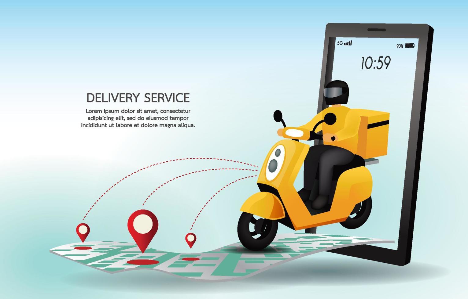 Food delivery man with motorcycles. Customers ordering on the mobile application, The motorcyclist goes according to the GPS map. vector