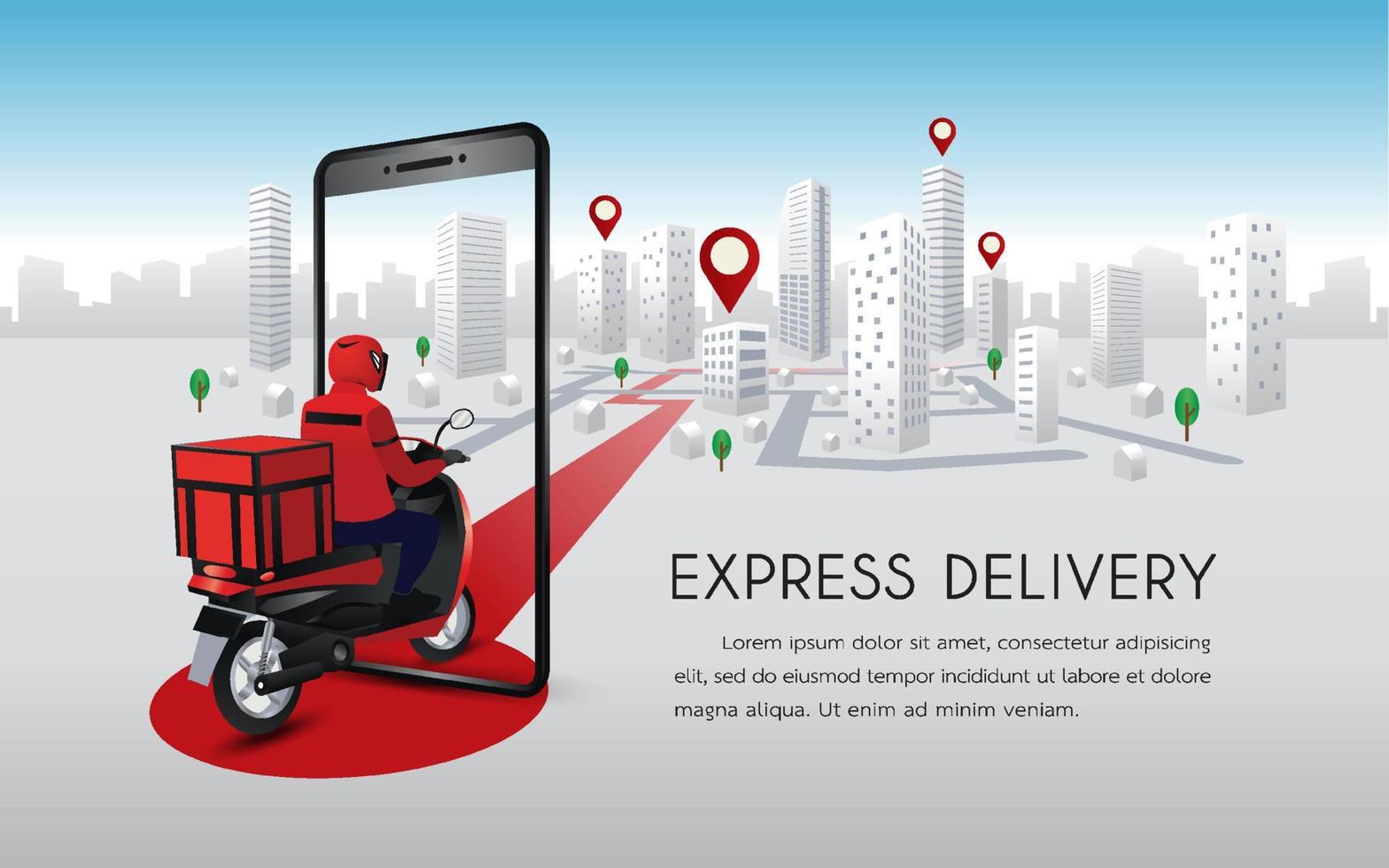 Fast delivery man with motorcycles. Customers ordering on mobile application,The motorcyclist goes according to the GPS map,The background is blue and gray with buildings and trees. vector