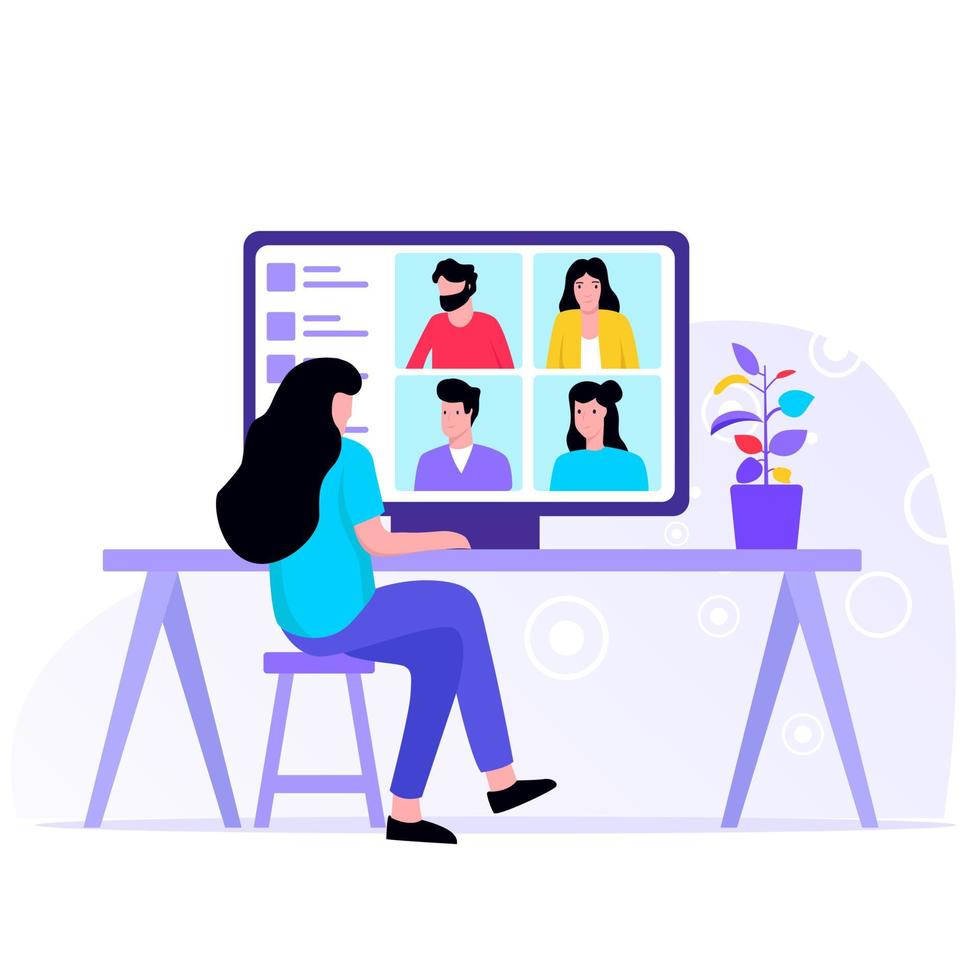 Video Conference group video chat illustration. group of colleagues taking part in video conference vector