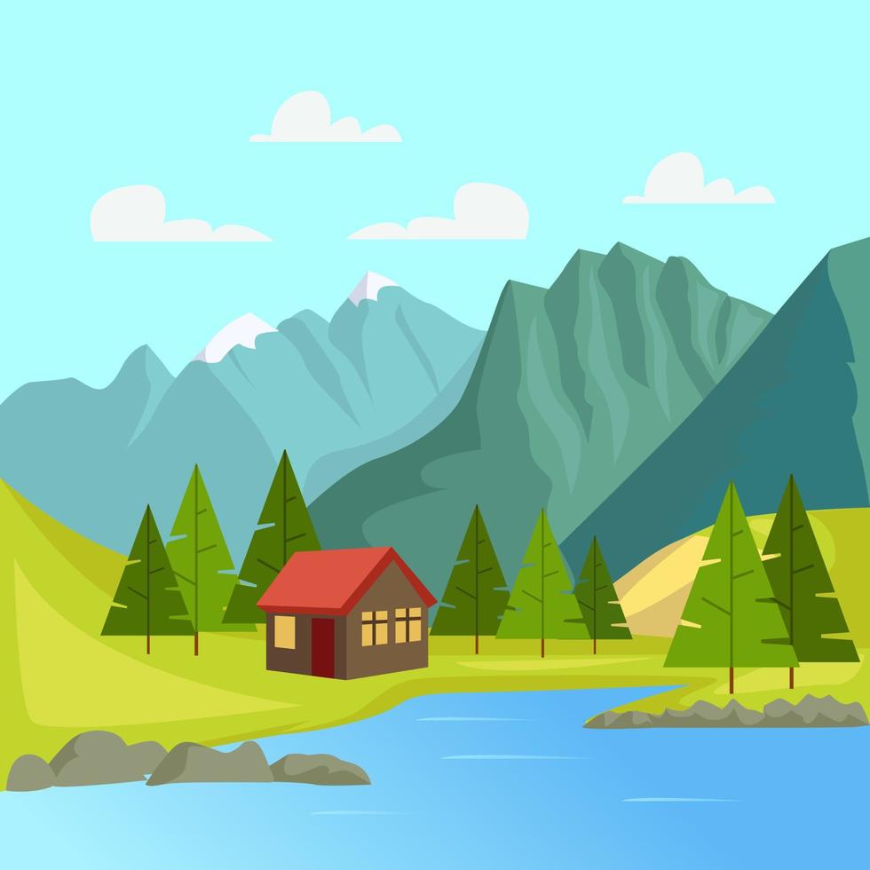 vector illustration of beautiful mountain and river in flat design style