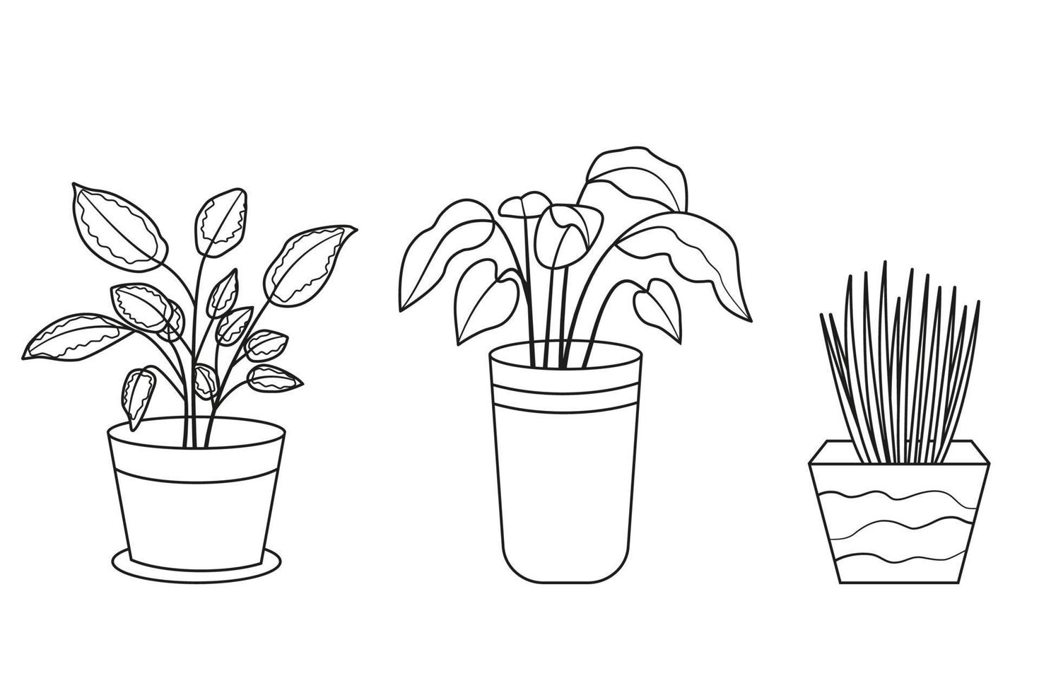 Set of potted plants. Collection of house plants in pots and planters in linear drawing style. Vector illustration isolated on white background